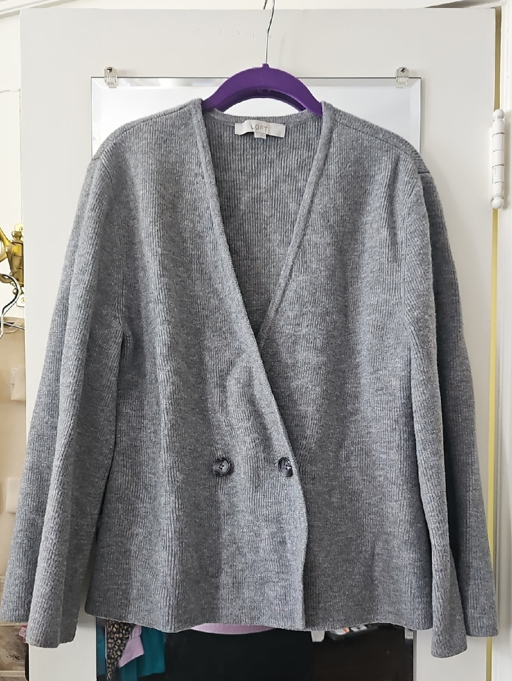 LOFT Gray Ribbed Bell Sleeve Double-Button Cardigan XL